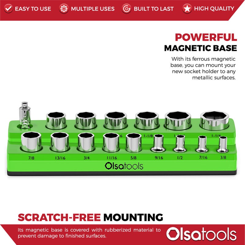 Olsa Tools Magnetic Socket Organizer | 1/2-inch Drive | SAE | Green | Holds 16 Sockets | Professional Quality Tools Organizer - Image 4